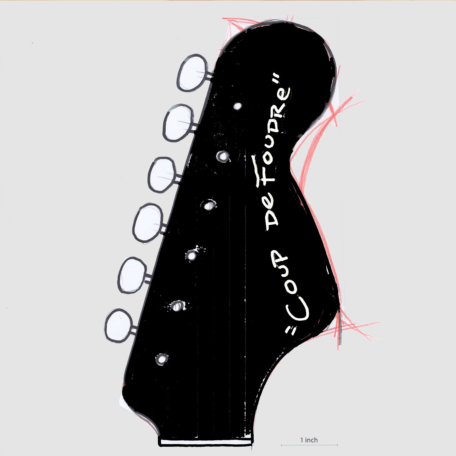 Hand-drawn sketch of the custom headstock decal design for the Coronado.
