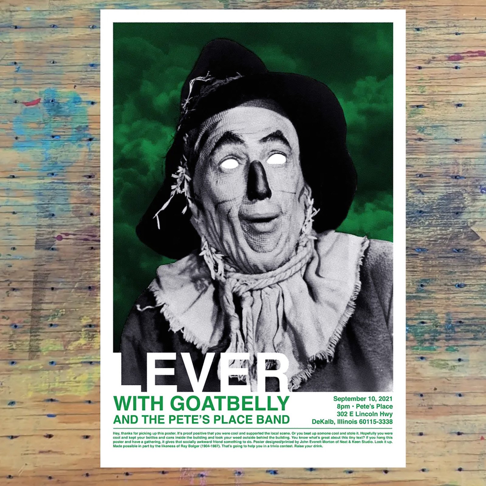 Two-color screen printed poster for Pete's Place featuring the Scarecrow from The Wizard of Oz with the eyes removed.