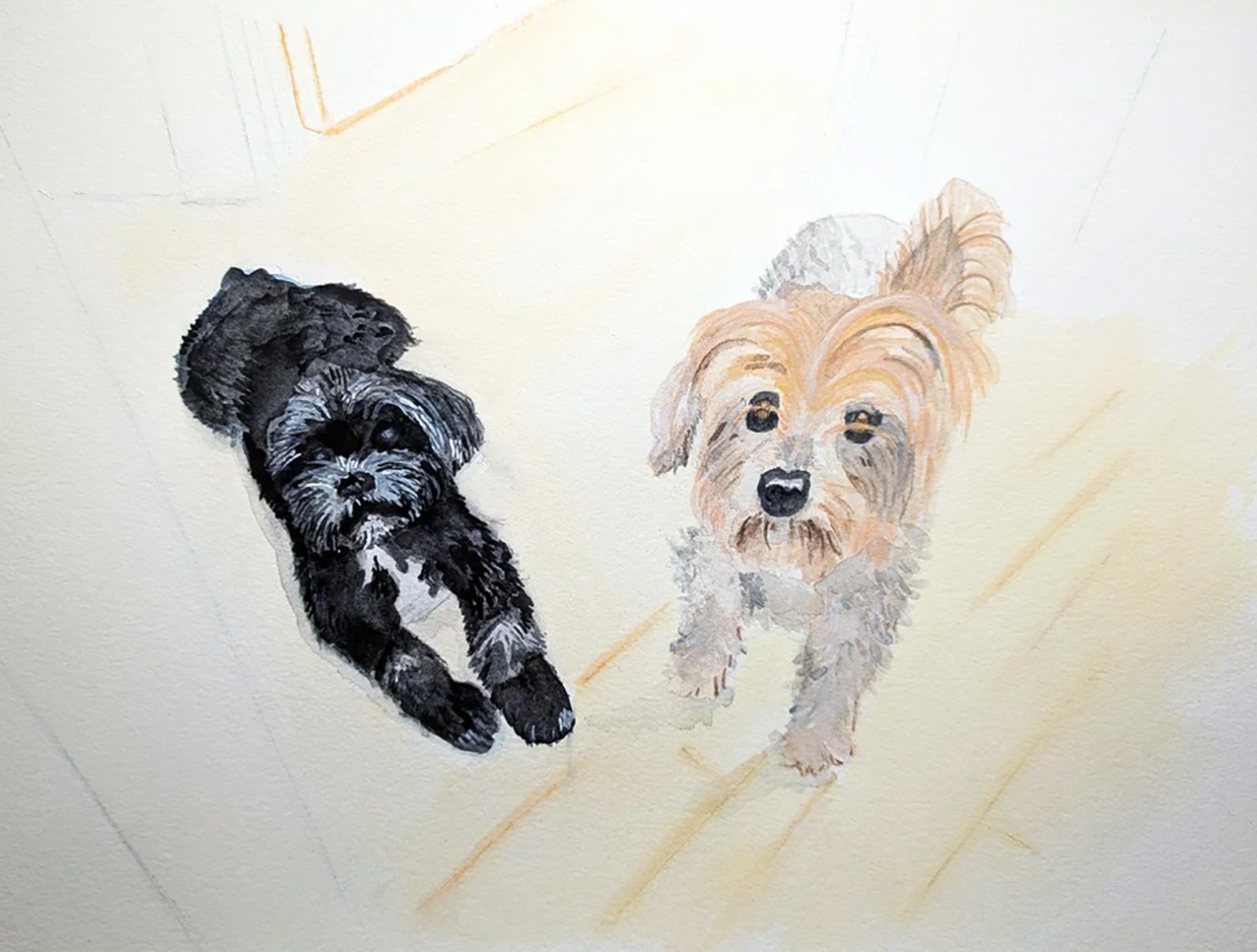 Traditional watercolor portrait of two dogs, Max and Gary.